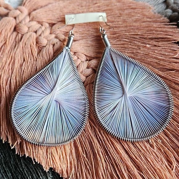 Large Teardrop Dangling Multicolor String Wrapped Earrings - Picture 10 of 14